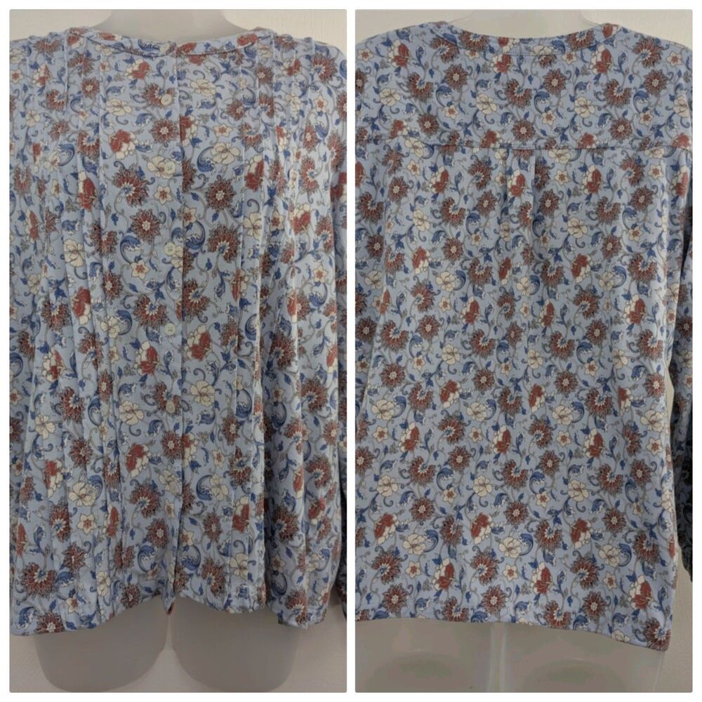 Lands End Blouse Large Long Sleeve Button Down Ditsy Blue Floral Soft Girl EUC